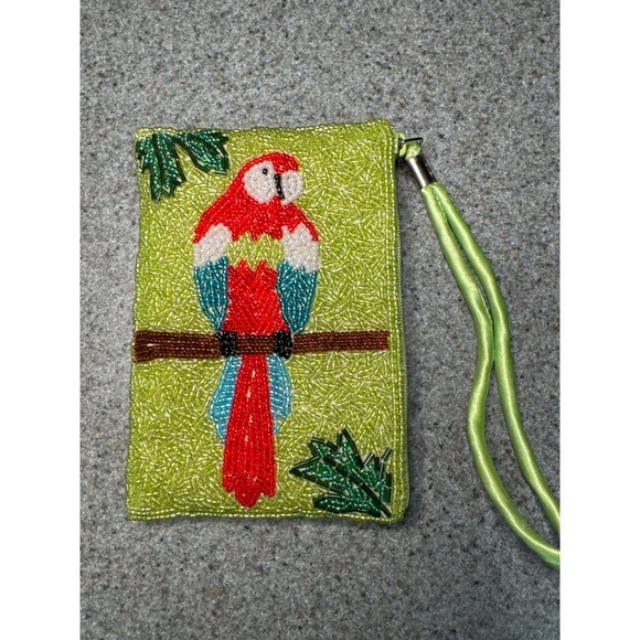 Unbranded Handbags - Vintage Style Hand Beaded Parrot Wristlet Pouch Lime Green Tropical Macaw Bag
